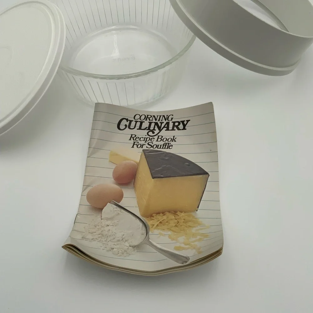 Vintage Corning 3 pc Soufflé Set w/ Recipe Book - PYREX